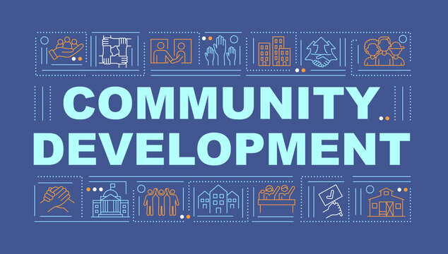 Community Development Word Concepts Banner. Social Group Improvement. Infographics With Linear Icons On Navy Background. Isolated Creative Typography. Vector Outline Color Illustration With Text