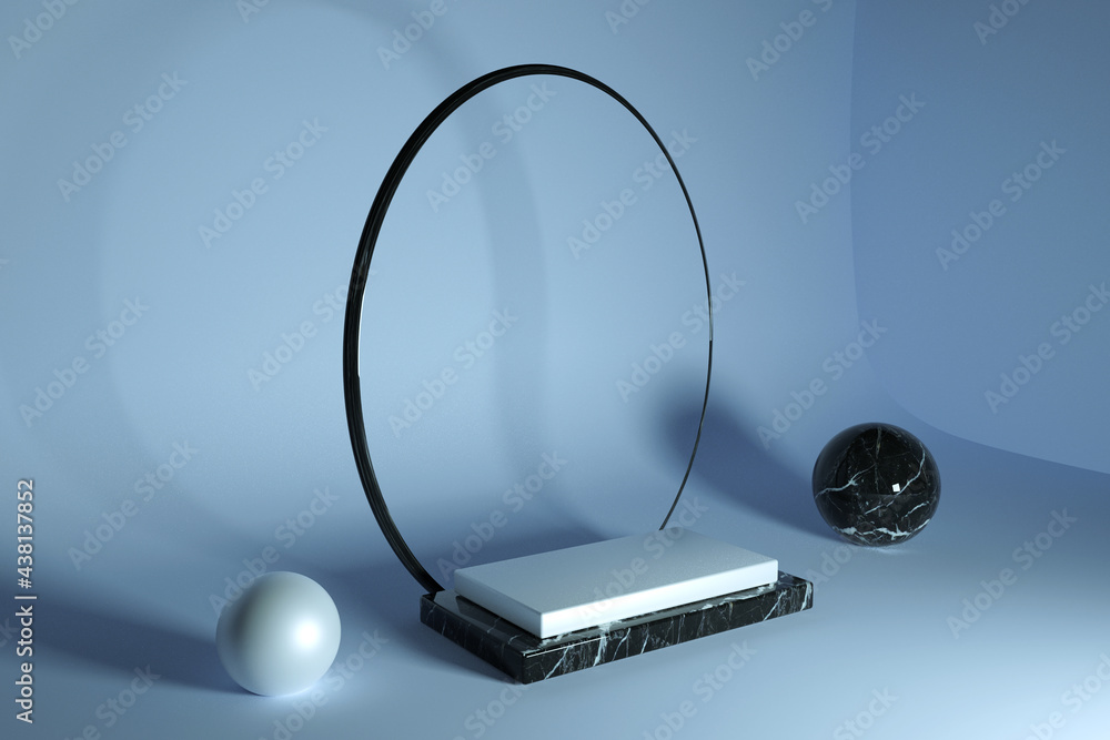 Poster 3d minimalism, blue marble geometric studio background for product display with copy space. round ar