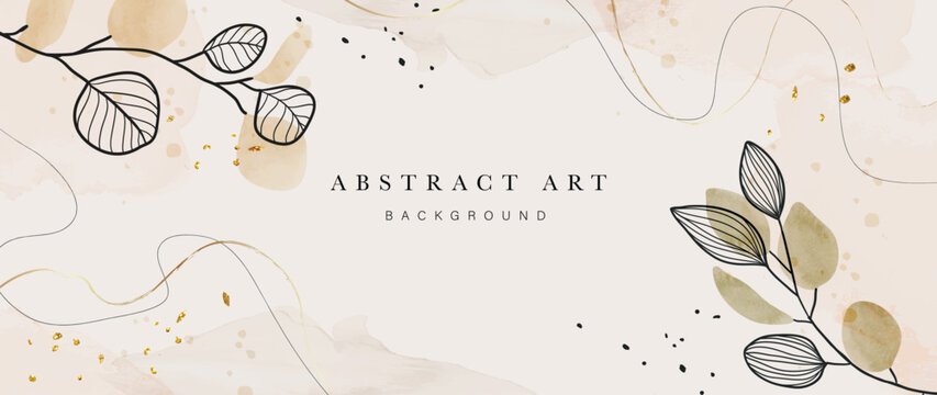 Abstract Art Background Vector. Luxury Minimal Style Wallpaper With Golden Line Art Flower And Botanical Leaves, Organic Shapes, Watercolor. Vector Background For Banner, Poster, Web And Packaging.