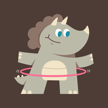 Cute dinosaur with hula hoop vector cartoon character isolated on background.