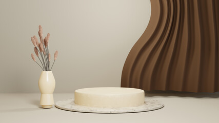 3D rendering of abstract background. Podium for show product. Blank scene showcase mockup with empty round stage.