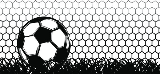 Goal net. Ball in goal. Soccer border on green football grass field. Vector stadium, supporters background banner Template, play model. Sport finale or school, sports game cup. Street ball games. 2021