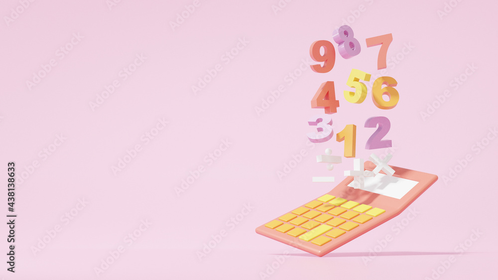 Poster 3d render calcucator and basic math operation symbols math, plus, minus, multiplication, number divi