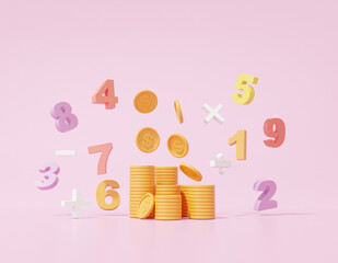 Money and basic math operation symbols math, plus, minus, multiplication, number divide on pink background. Mathematic calculate Finance education concept. minimal style. 3D render