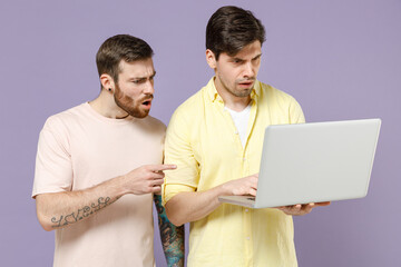 Young shocked excited amazed men friends together wear casual t-shirt tattoo translate fun point...