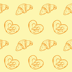 Vector seamless pattern of fresh and tasty croissant and pretzel on a pastel beige background.