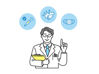 コロナ対策イラスト(マスク、手洗い、うがい、医者、健康、注意、相談、ポイント) Corona countermeasure illustration (mask, hand wash, gargle, doctor, health, caution, consultation, points)