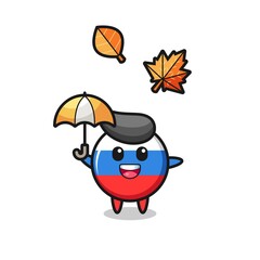 cartoon of the cute russia flag badge holding an umbrella in autumn