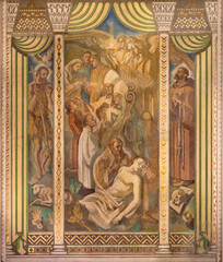 BARCELONA, SPAIN - MARCH 3, 2020: The fresco of Remission of Sins in the church Parroquia Santa Teresa de l'Infant Jesus by Francisco Labarta (20. cent.).