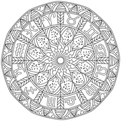 Mandala zodiac signs, Symbols of horoscope signs in a round coloring page with patterns and curls