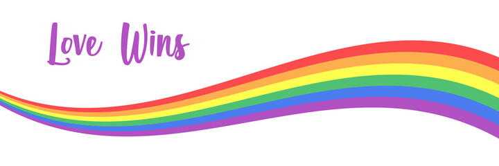LGBTQ gay pride rainbow wave on white background with text typography - Love wins. Pride text with LGBT flag colors. Creative retro text lettering for Pride month. Vector illustration