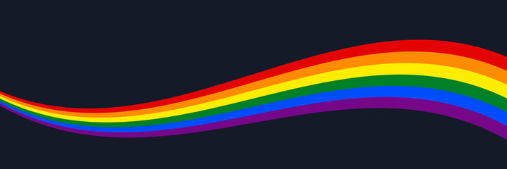 LGBTQ gay pride rainbow wave on dark background. LGBT pride flag, banner background for pride month. Pride rainbow wave design element. Vector illustration - obrazy, fototapety, plakaty
