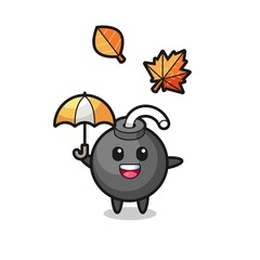 cartoon of the cute bomb holding an umbrella in autumn