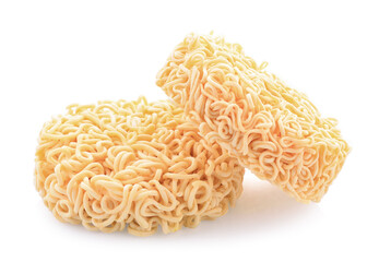 Round instant noodles isolated on white background.