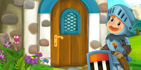 cartoon scene wooden house on farm ranch with knight