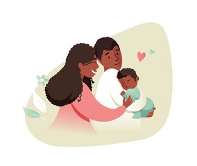 Vector Illustration Of Mother and Father Holding Baby Son In Arms. Happy Afro-American Family concept.