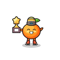 mandarin orange cartoon as an ice skating player hold winner trophy