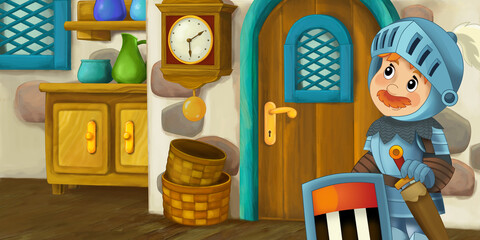 cartoon wooden house farm ranch kitchen with knight
