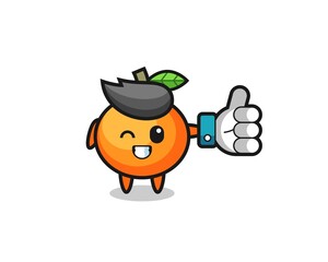cute mandarin orange with social media thumbs up symbol