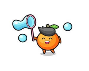 happy mandarin orange cartoon playing soap bubble