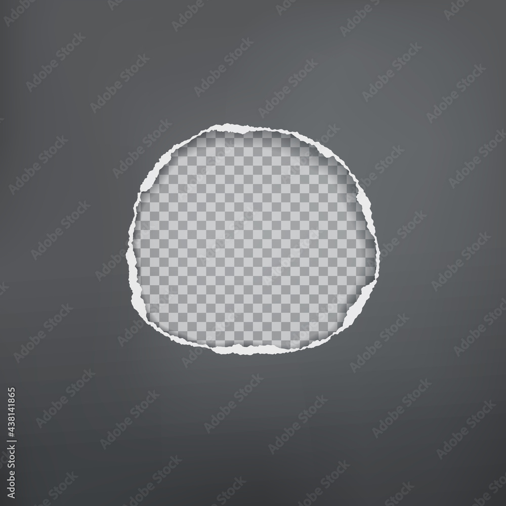 Poster black round hole composition in paper with torn edges and soft shadow is on squared background. vect