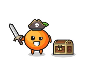 the mandarin orange pirate character holding sword beside a treasure box