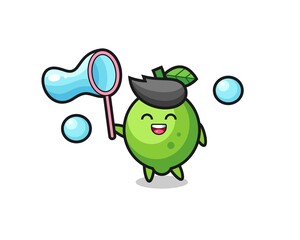 happy lime cartoon playing soap bubble