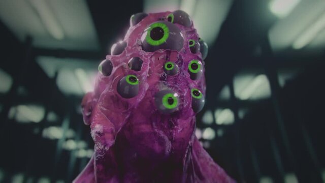 Purple sci-fi alien monster with many green glowing eyes. Some kind of beholder.