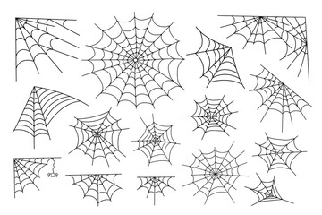 Set of spider web and little hanging spider simple hand drawn vector outline illustration of doodle fancy Halloween scary decor elements, clipart perfect for Halloween party, cartoon spooky character - obrazy, fototapety, plakaty