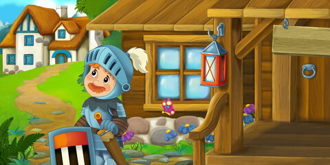 cartoon scene wooden house on farm ranch with knight