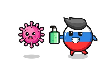 illustration of russia flag badge character chasing evil virus with hand sanitizer