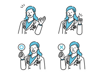 解説するお医者さんのイラスト(医学、医療、サポート、知識、説明、診察、安心、専門家、ナース、患者、病気、マルバツ、予防、処方箋) Illustrations of doctors (medical, support, knowledge, explanation, examination, relief, expert, patient, disease)