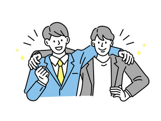肩を組むイラスト(仲間、先輩、同僚、後輩、仕事、やる気、モチベーション、頑張る、応援、向上心、ビジネス) Shoulder-to-shoulder illustrations (companies, seniors, colleagues, juniors, work, motivation, hard work, ambition, business)