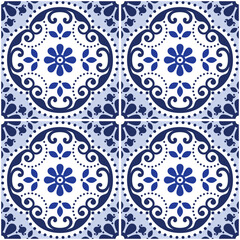 Lisbon Azulejo tiles seamless vector decorative pattern, Portuguese indigo retro design with flowers, swirls and geometric shapes
