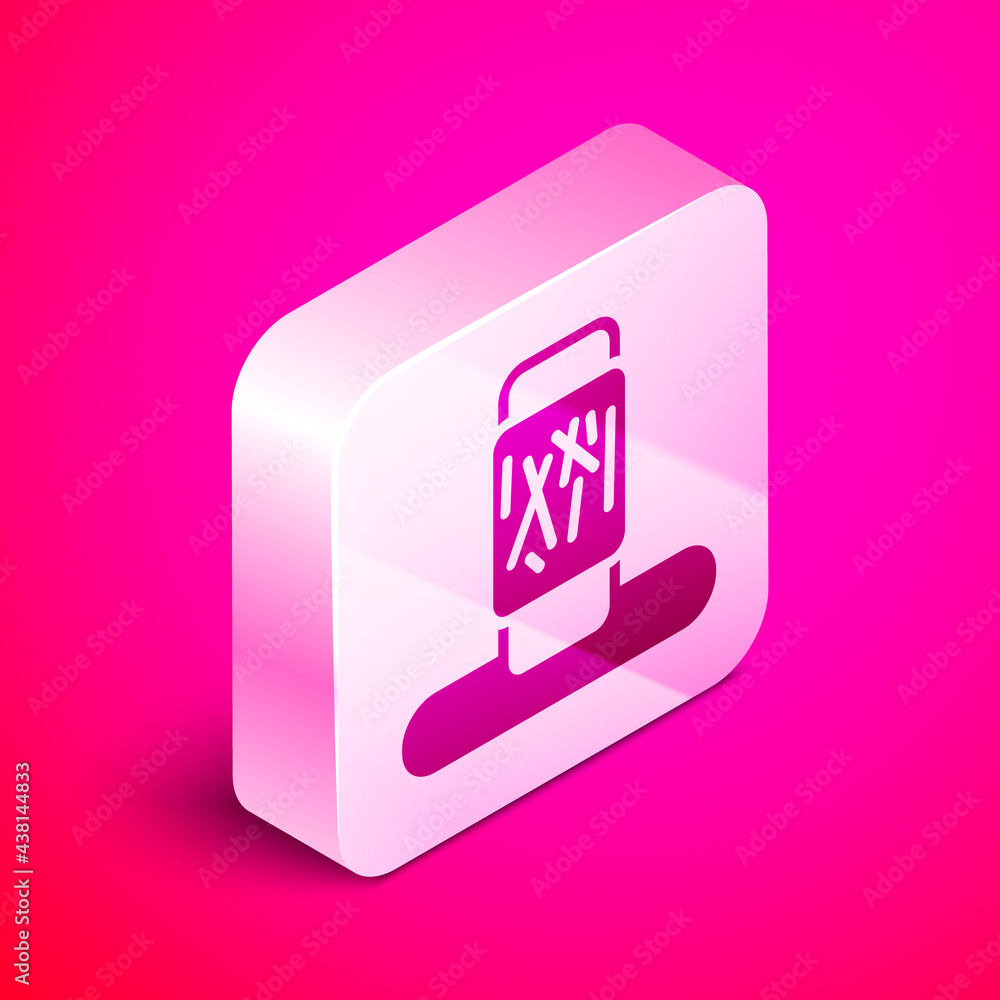 Poster isometric cat scratching post with toy icon isolated on pink background. silver square button. vecto