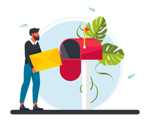 man carries a letter in the mailbox. Email concept illustration, Subscribe to newsletters, Email marketing businesses. Girl carries a letter to the post office. Idea of posta communication.