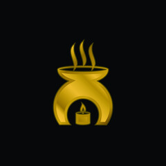 Aromatherapy Tool With A Burning Candle Heating Fragrance Oil gold plated metalic icon or logo vector