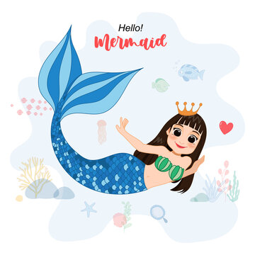 Cartoon Character with cute mermaid and sea life vector