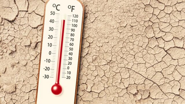 climate change, Top view Thermometer on Dry soil ground cracks background texture with show increase temperature, concept global warming