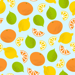Citrus pattern with lemon, orange and lime on blue background. Fresh simple fruit summer print. Organic lemonade backdrop with textured hand drawn citrus fruits.