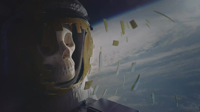 Dead astronaut floating lifelessly in earth orbit. Skull visible in the helmet. Broken glass flying around indicates some space accident. Cinematic sci-fi footage.