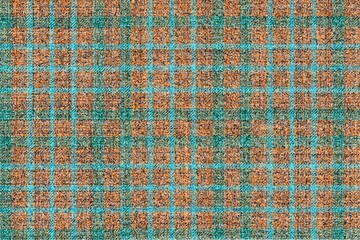 Fototapeta premium pitted motley gunny fabric texture black and orange background, blue-green emerald turquoise stripes for gingham, tweed, plaid, tablecloths, shirts, tartan, clothes, dresses, bedding, blankets