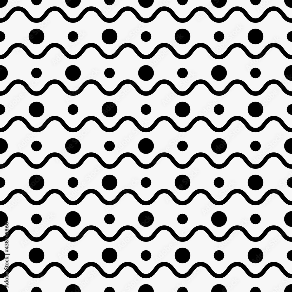 Poster Dots and waves. Black curves and circles pattern. Seamless ornament.