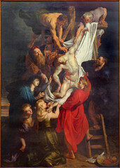 ANTWERP, BELGIUM - SEPTEMBER 4: Raising of the cross (460x340 cm) from years 1609 - 1610 by baroque painter Peter Paul Rubens in the cathedral of Our Lady on September 4, 2013 in Antwerp, Belgium
