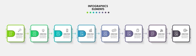 Vector Infographic design business template with icons and 8 options or steps. Can be used for process diagram, presentations, workflow layout, banner, flow chart, info graph