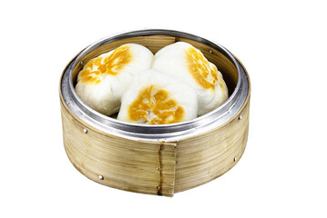 Dim sum in bamboo steamer isolated on white background