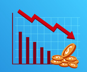 Graph showing the declined of dollar coin currency value. Income, salary, bonus and commision declined.  The price of dollar coin has decrease. Dollar currency incline graph chart. Vector illustration - 438147840