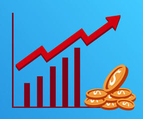 Graph showing the increase of dollar coin currency value. Income, salary, bonus and commision increase.  The price of dollar coin has increase. Dollar currency incline graph chart. Vector illustration - 438148240