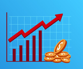 Graph showing the increase of dollar coin currency value. Income, salary, bonus and commision increase.  The price of dollar coin has increase. Dollar currency incline graph chart. Vector illustration - 438148242