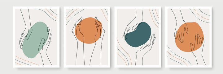 Mystic boho hand gesture Monoline doodle set. Magic simple line logo icons with hands, crystals, moon, sun, stars. Bohemian posters, modern vector illustration
